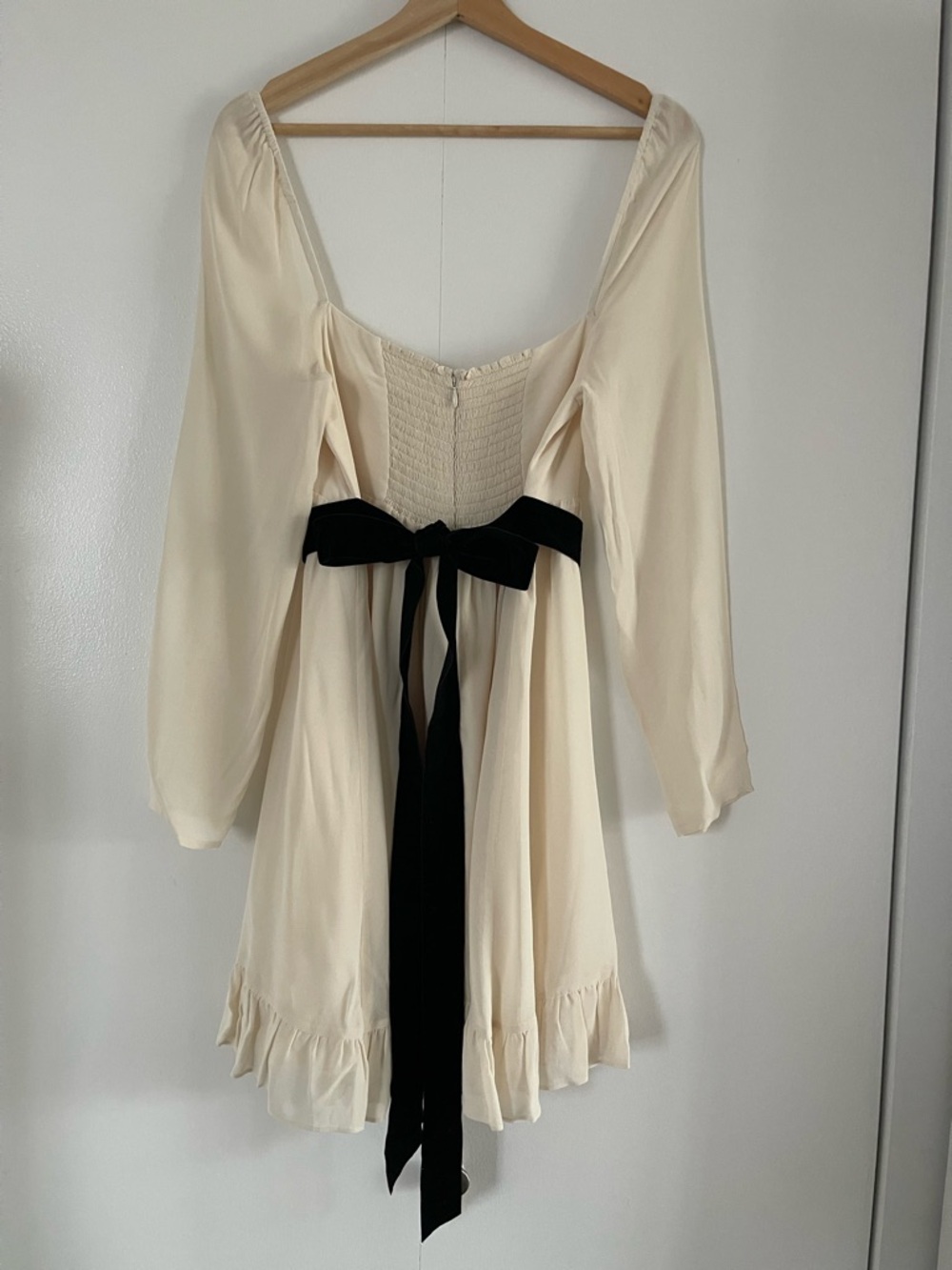 Reformation Cream Long Sleeve Mini Dress with Black Velvet waist tie - Picture 2 of 3